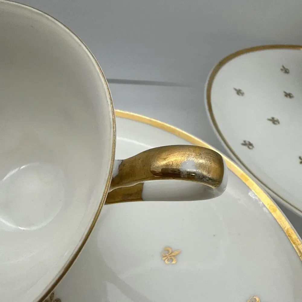 Set Of 7 (50-60's) Fleur de Lis Snack Set Gold & White -Plates & Tea/Coffee Cups